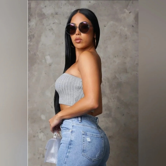 Divine Crop Top - Grey Knit Ruched Womenswear Cropped Nylon Ribbed Tube - Picture 2 of 2